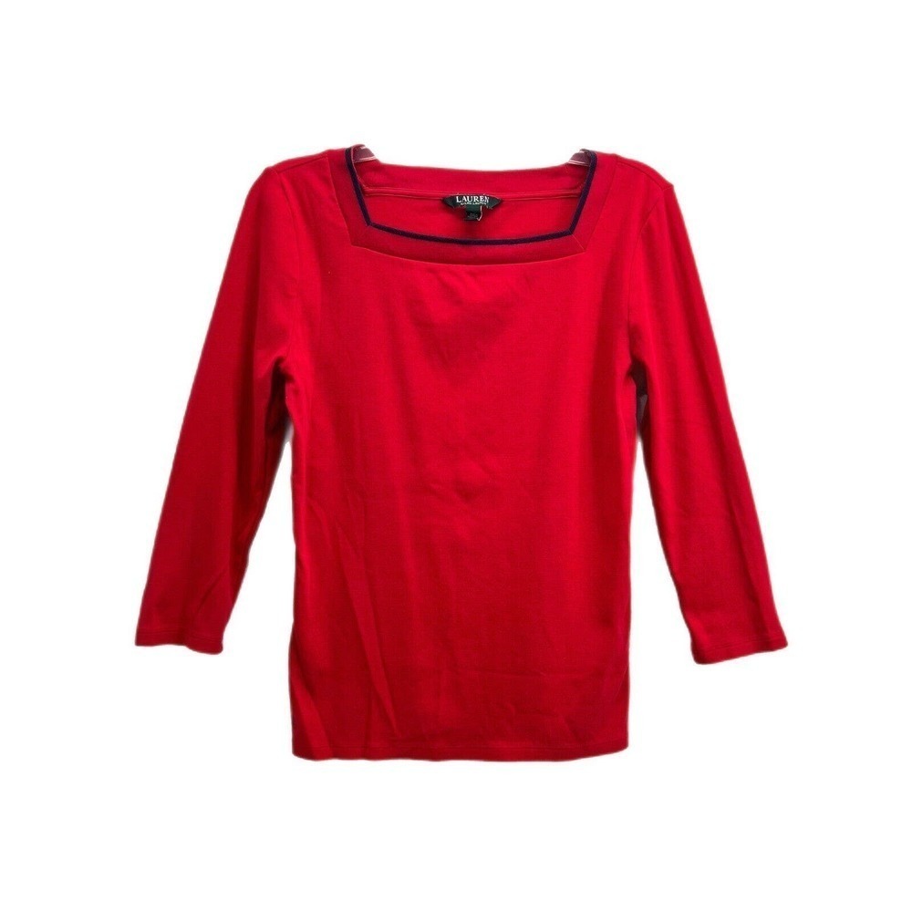 Lauren Ralph Lauren Top Women Size Large Red Square Neck Black Trim 3/4 Sleeves